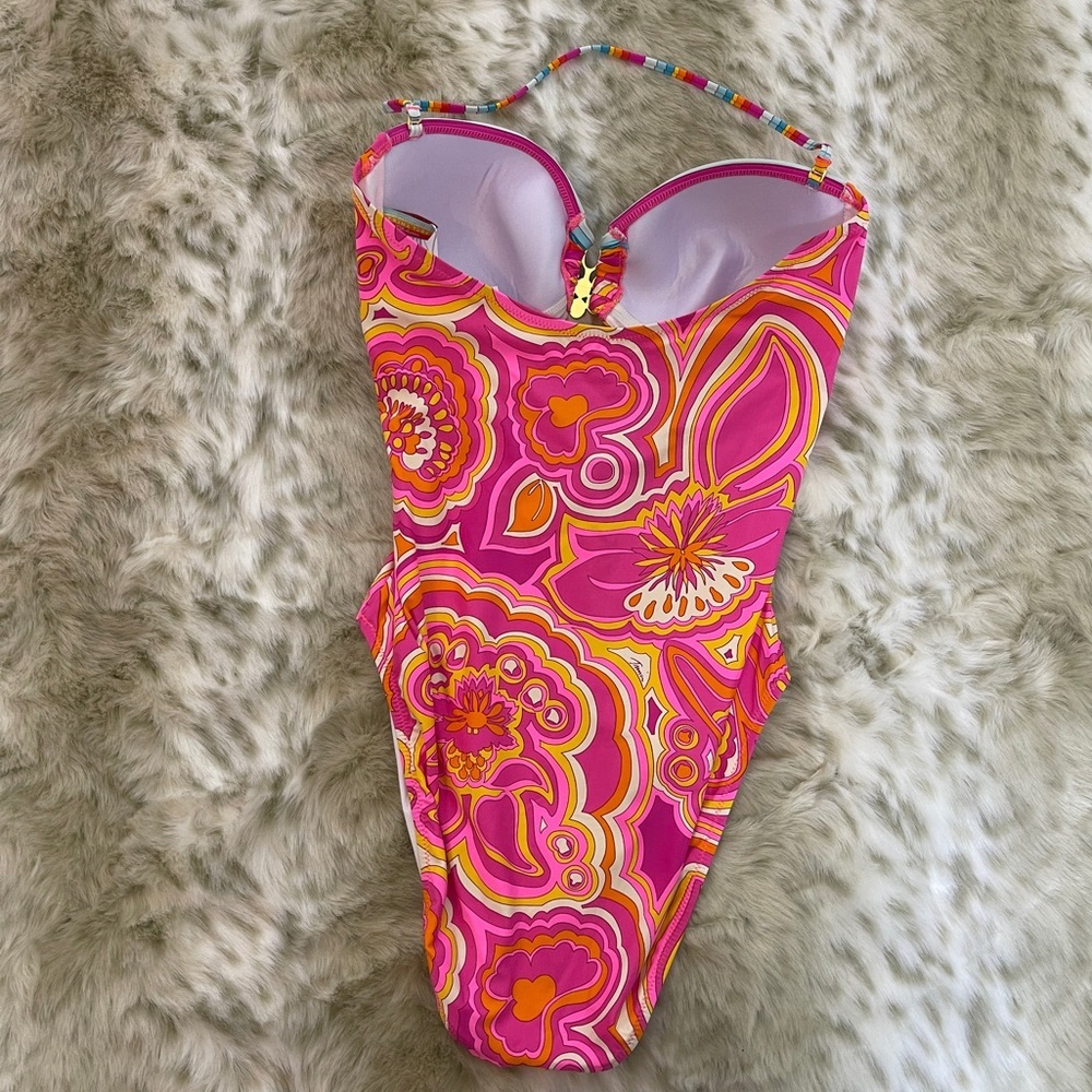 Trina Turk Pink and Yellow One Piece Swimsuit with Retro Paisley Design - Picture 7 of 8